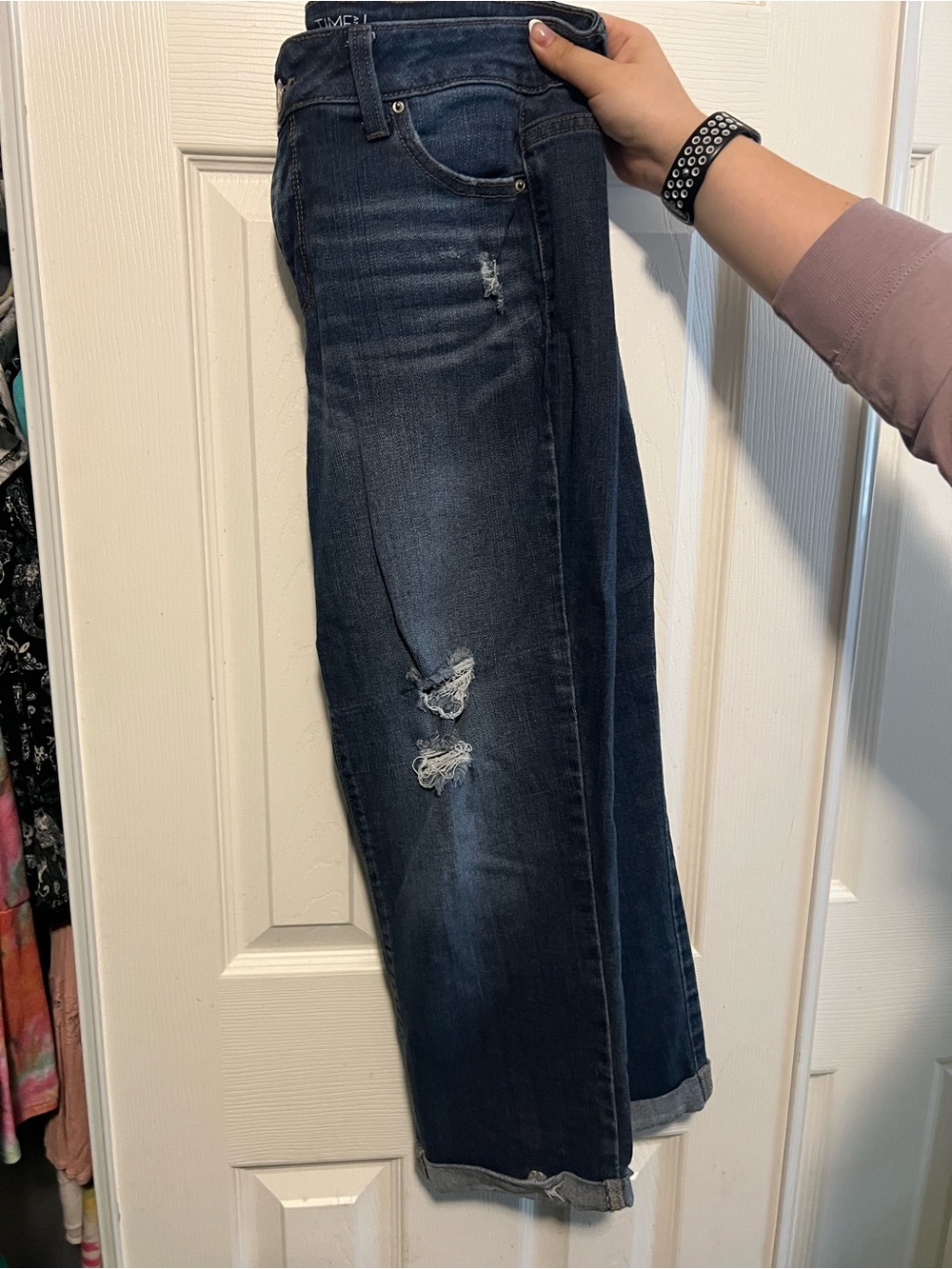 Time and Tru Dark Wash Distressed Wide Leg Jeans